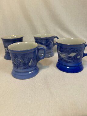 Currier & Ives Mugs Set of 4 Blue Ceramic Winter Scene pedastal mugs Vintage